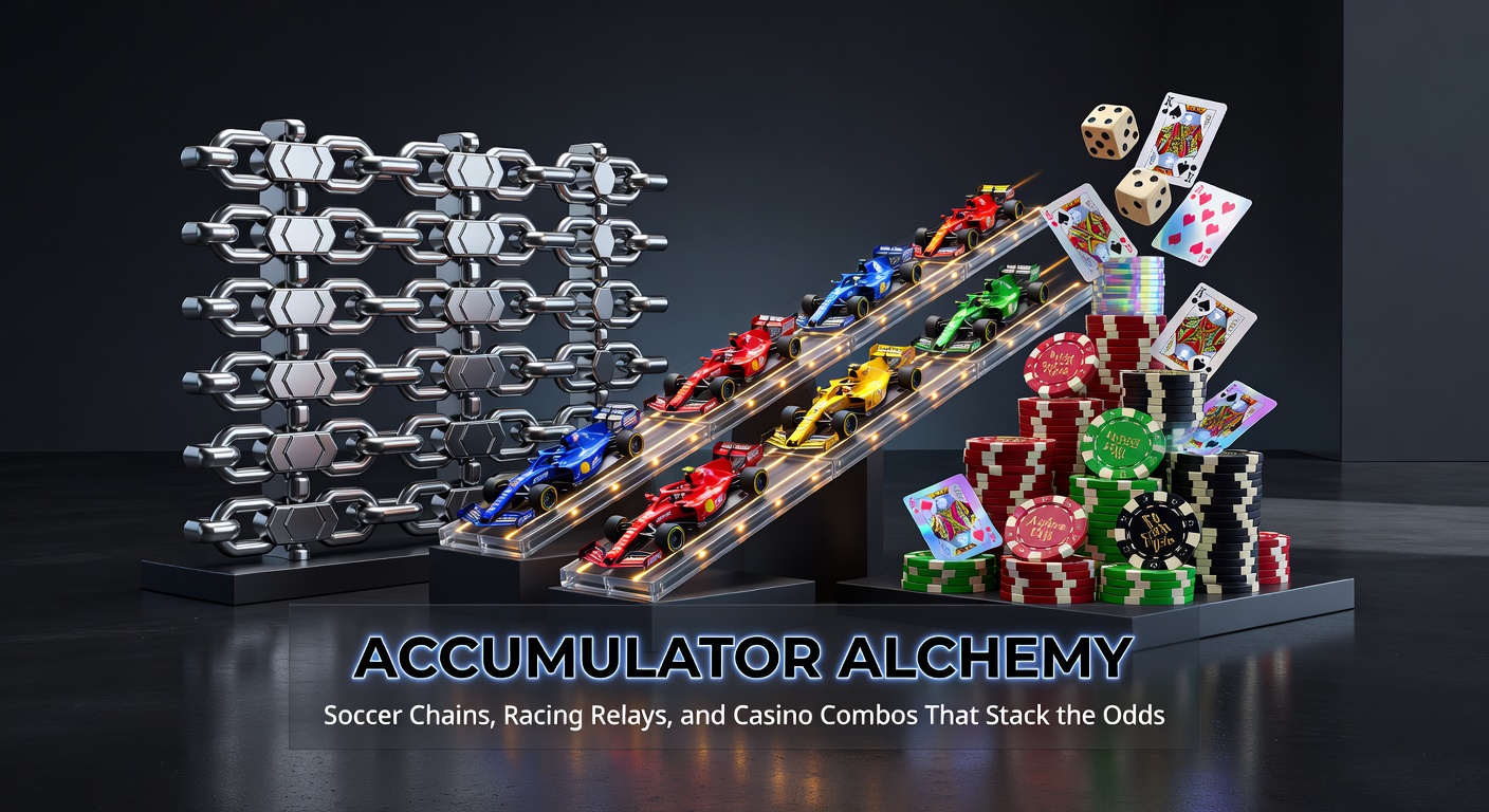 Graphic showing chained soccer goals, racing horses crossing finish lines, and casino slot reels aligning for a massive accumulator win