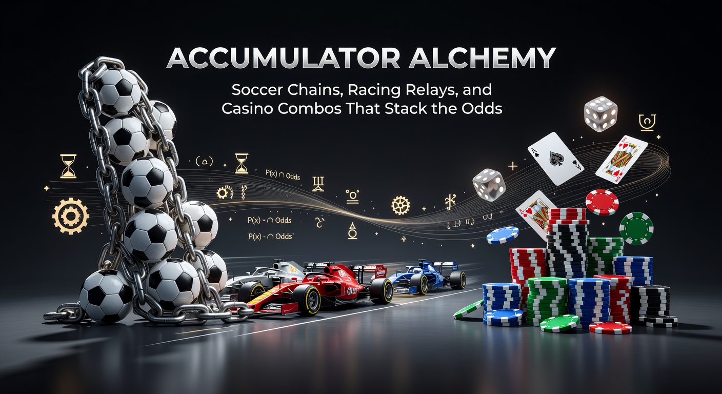Dynamic illustration of horse racing relays connecting to soccer pitches and casino tables in a seamless accumulator flow