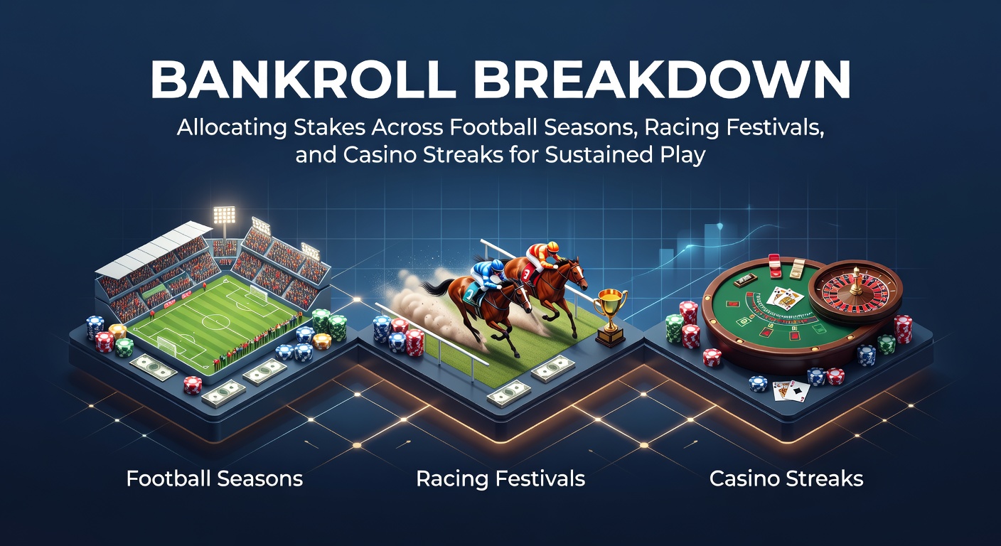 Visual breakdown of a bankroll pie chart divided into football, racing, and casino segments, illustrating stake allocation principles