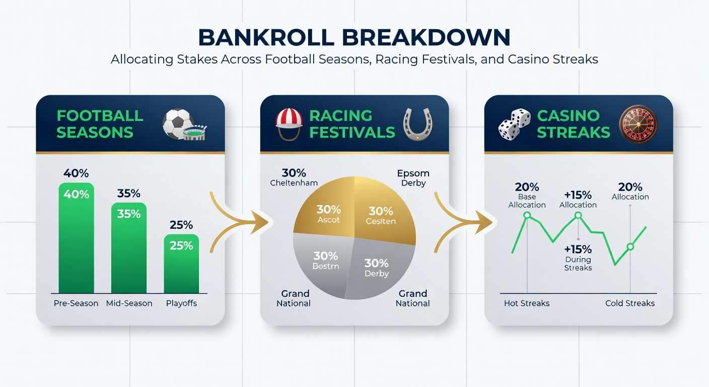 Dynamic infographic showing stake progression timelines for football seasons overlaid with racing festival peaks and casino variance waves