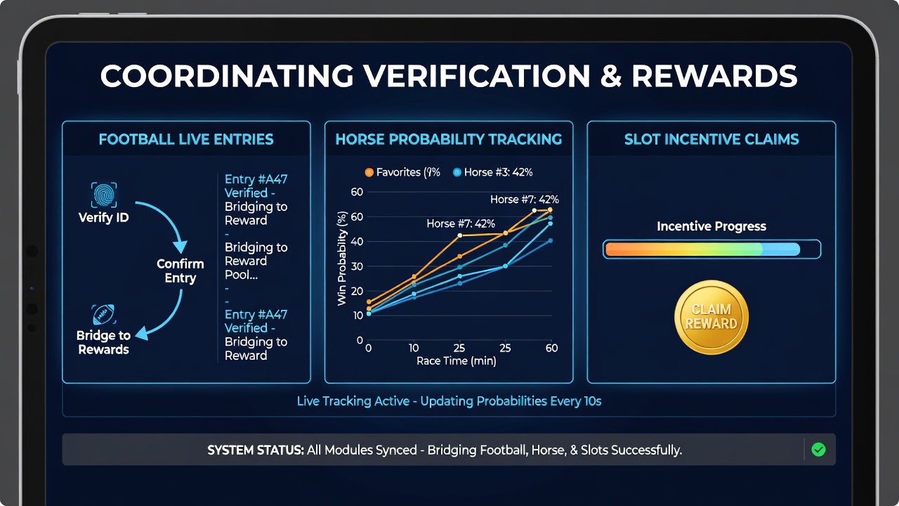 Mobile app interface showing verification steps aligned with reward activations for football, horse racing, and slots