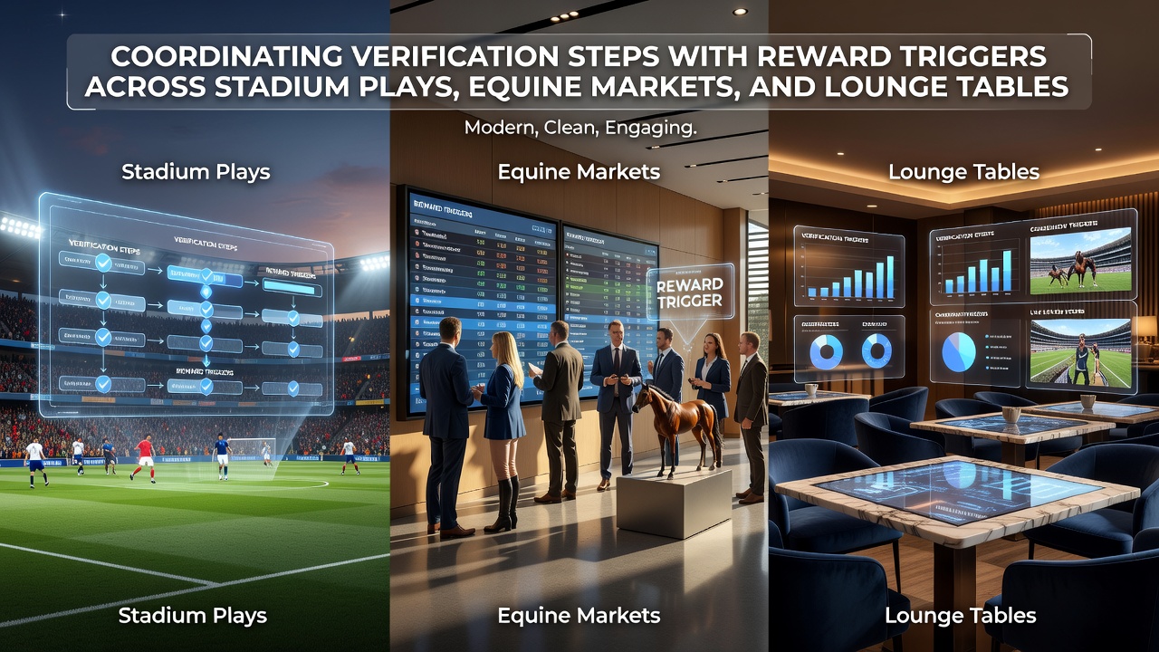 Platform dashboard showing verification checkpoints synced with reward triggers for stadium, track, and table betting sessions