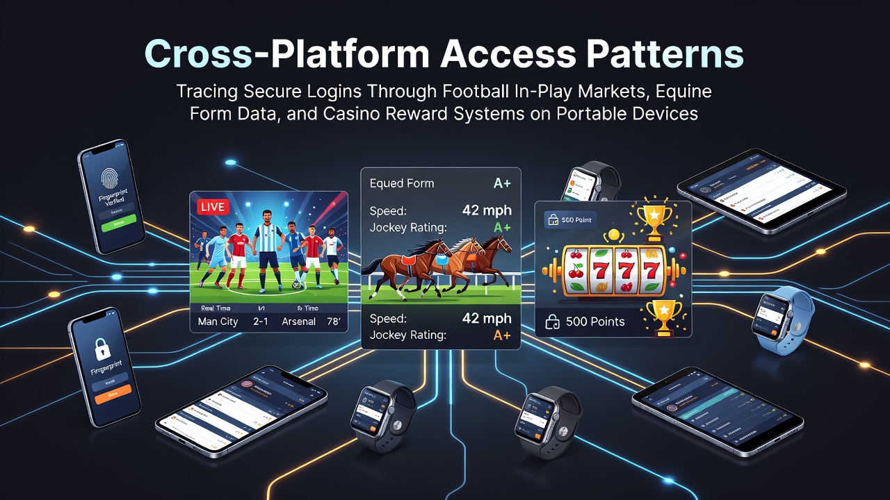 Illustration of secure login interfaces across mobile betting platforms showing football, horse racing, and casino elements