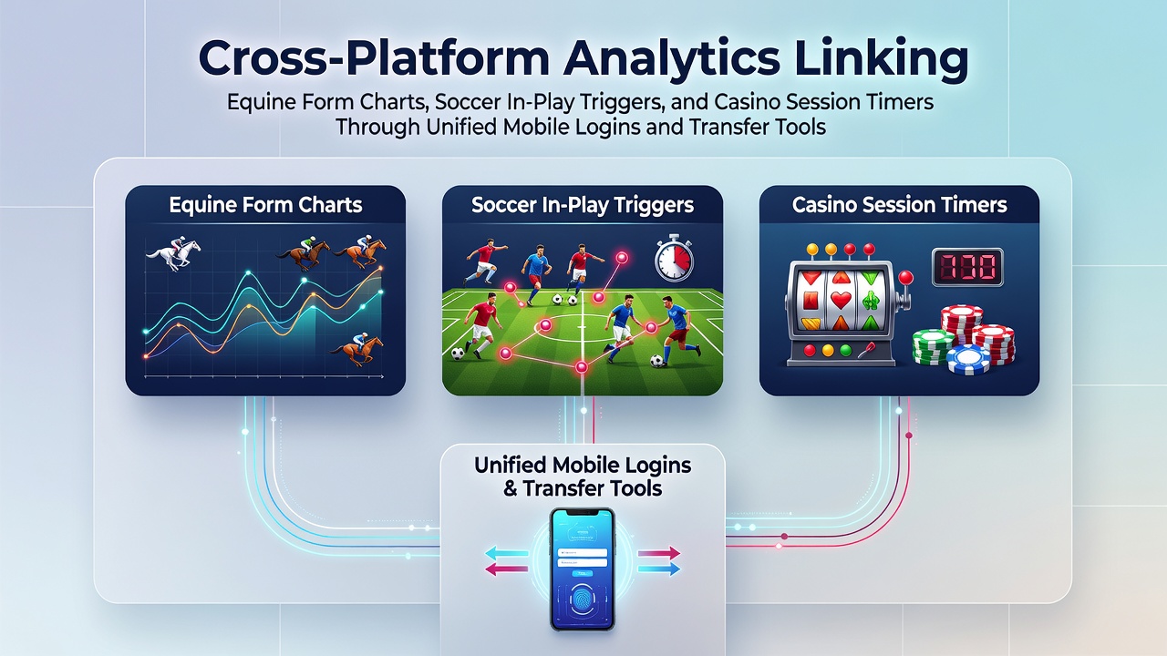 Cross-platform analytics dashboard showing equine form charts alongside soccer in-play metrics and casino session data on a mobile interface