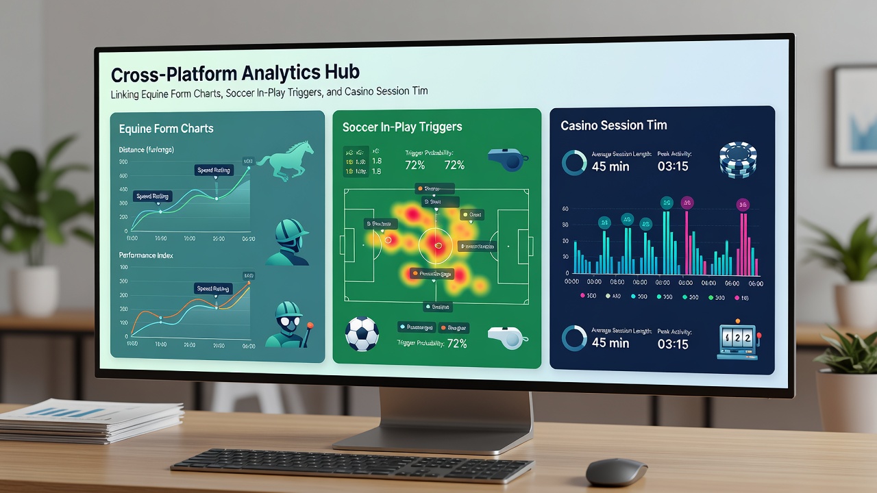 Mobile screen displaying linked analytics for horse racing forms, soccer live triggers, and casino timers with unified account details