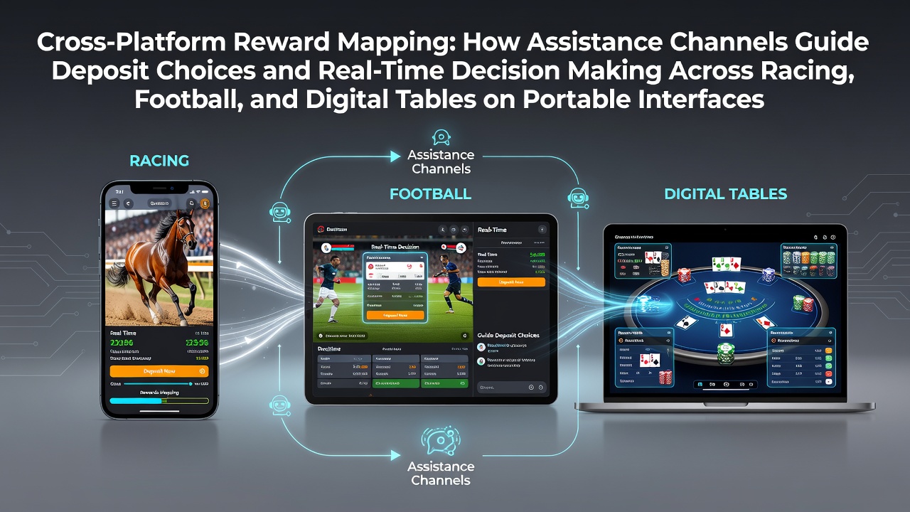 Mobile interface displaying cross-platform reward mapping for racing events, football matches, and digital table games with assistance channel prompts