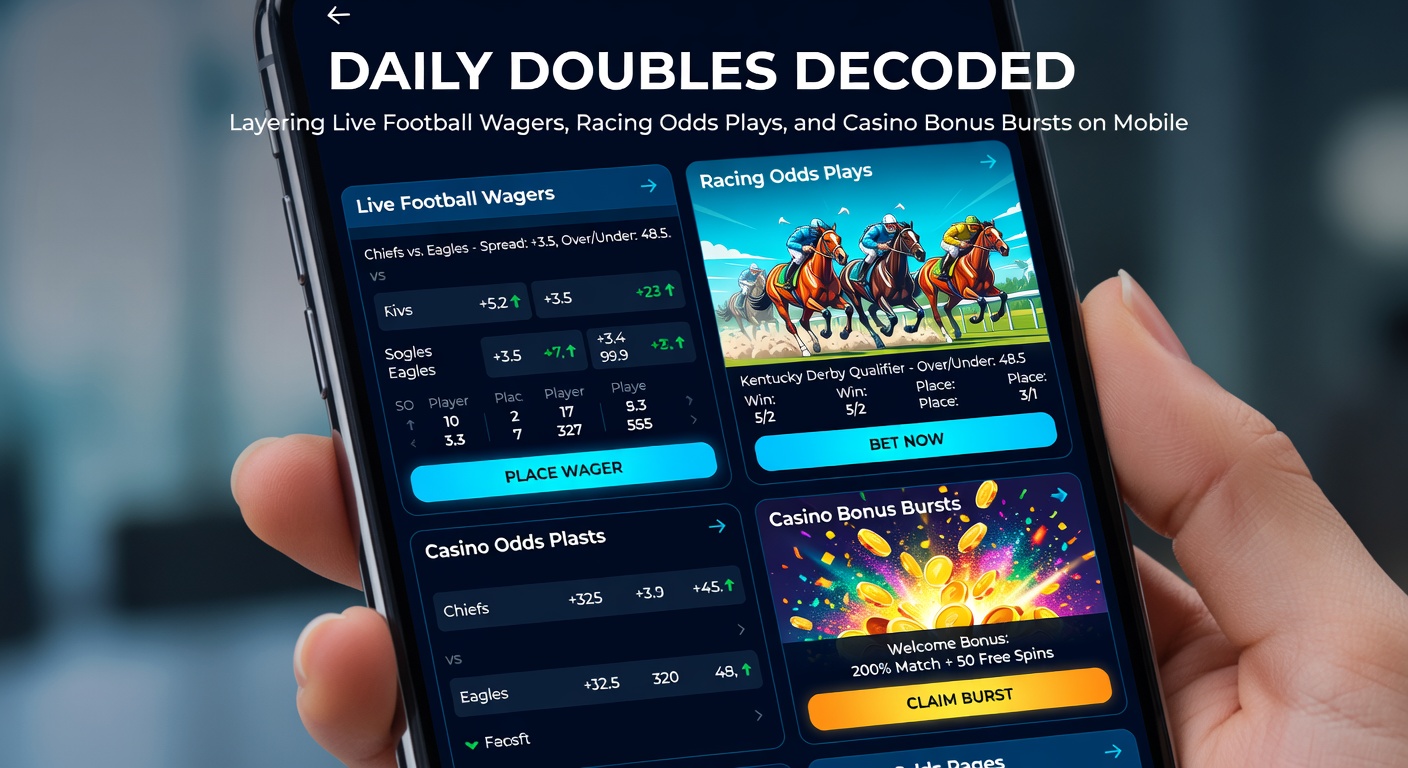 Mobile screen showing layered bets across soccer match, horse race, and casino slot with bonus activation