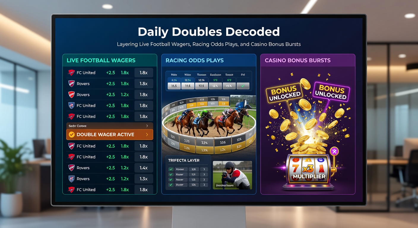 Close-up of app interface layering a live soccer bet, racing daily double selection, and casino bonus wheel spin