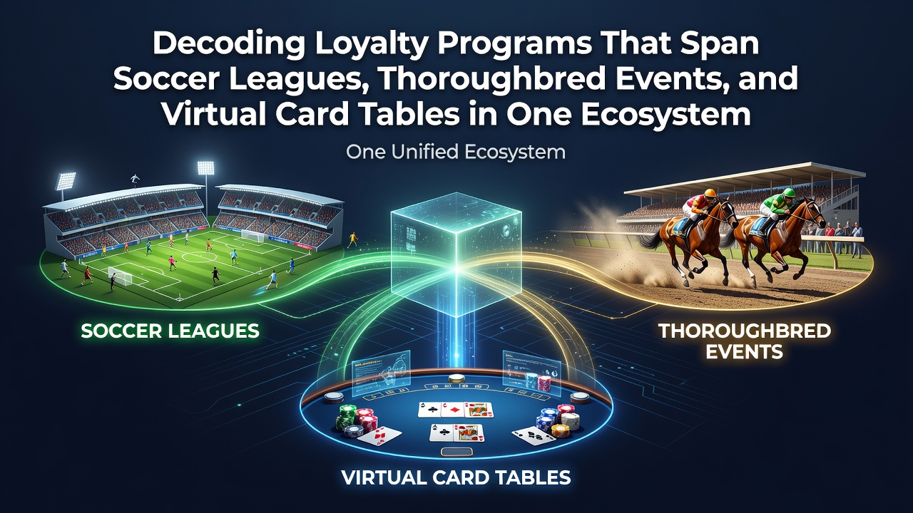 Unified loyalty ecosystem dashboard showing soccer, thoroughbred racing, and virtual card table integrations