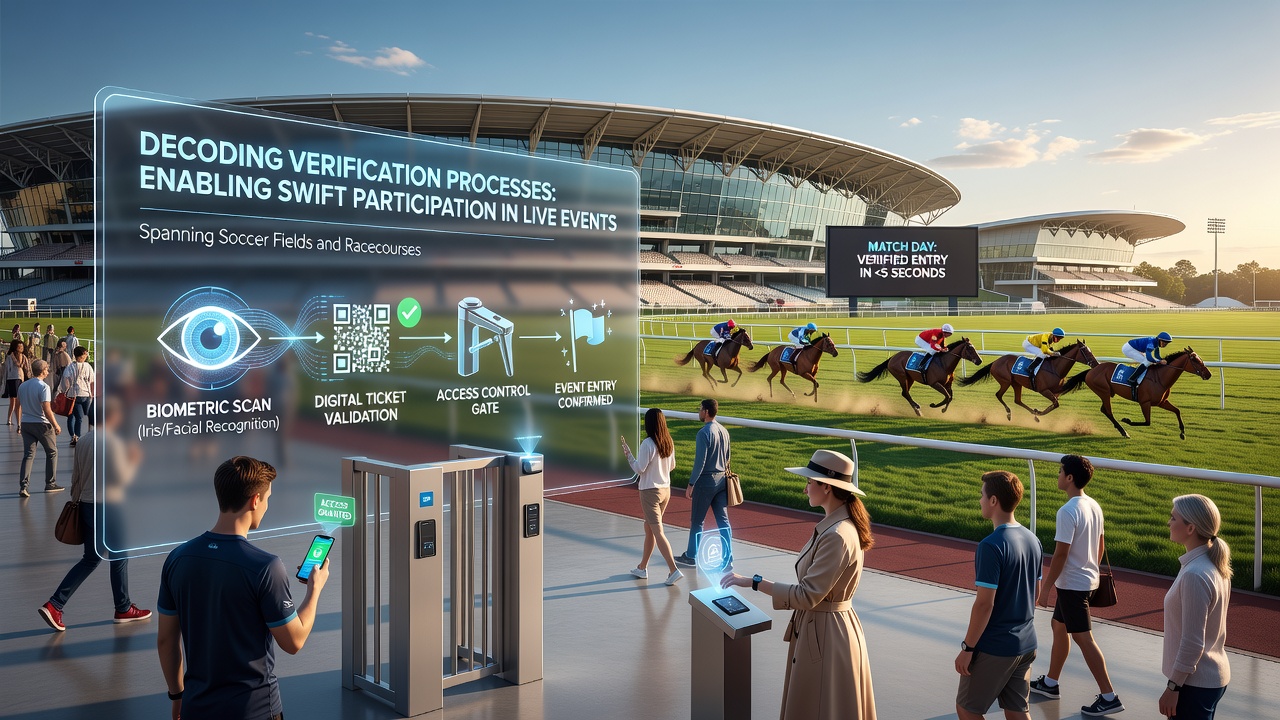 Secure verification dashboard showing real-time checks for soccer and racing event access