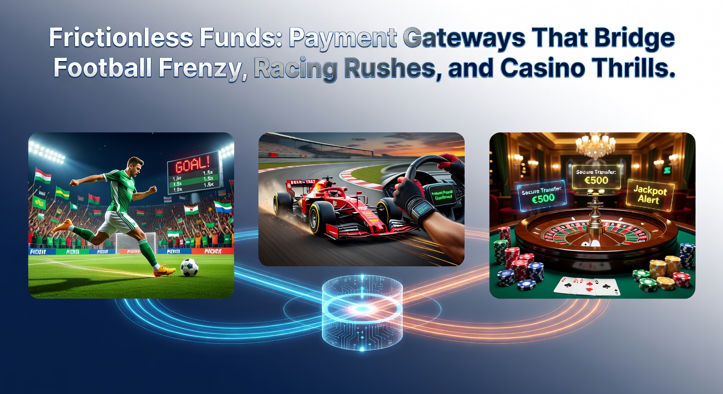 Digital payment interface showing instant transfers amid soccer match highlights, race cars speeding by, and casino slot reels spinning