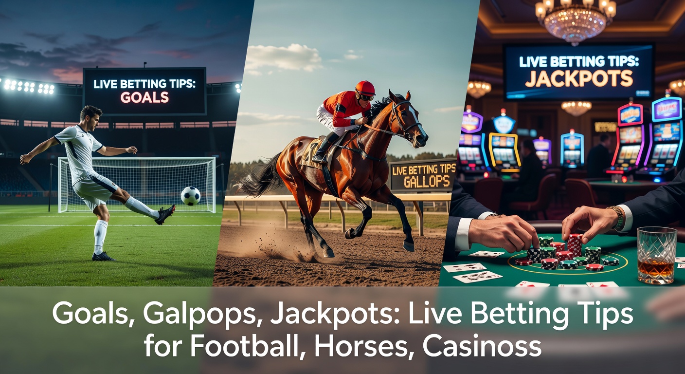 Dynamic split image showing a soccer player celebrating a goal, a horse thundering down the track, and casino chips stacking up during a live jackpot spin