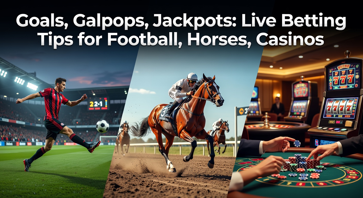 Close-up action collage of a soccer penalty kick, a jockey urging a horse across the finish line, and a casino dealer revealing a blackjack hand under bright lights