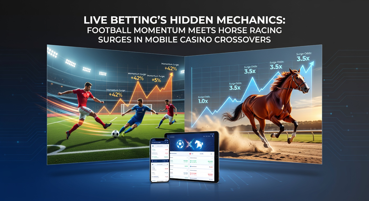 Dynamic live betting interface showing football match momentum shifting with overlaid odds adjustments and horse racing surge indicators on a mobile screen