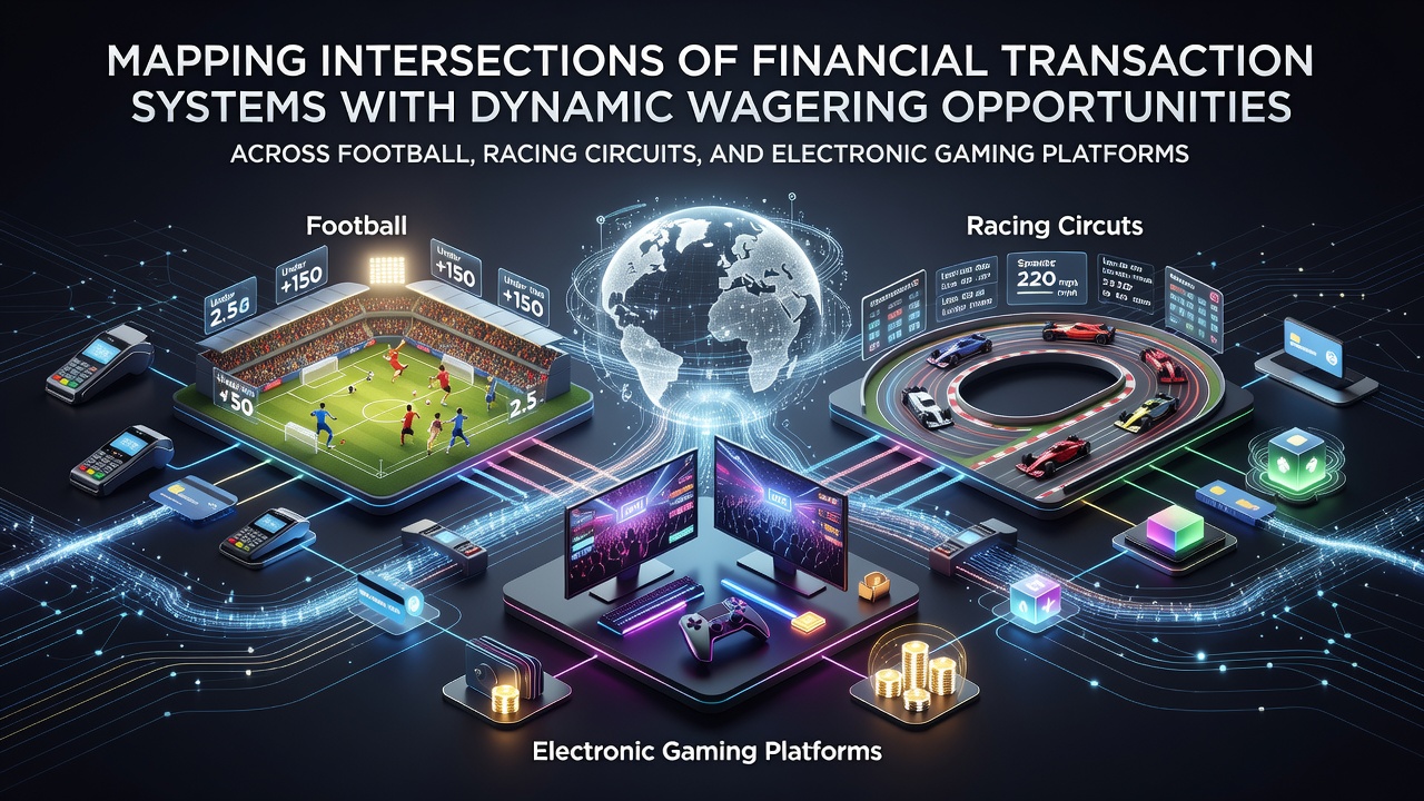 Diagram showing interconnected financial transaction systems linking football stadiums, racing circuits, and electronic gaming platforms through real-time payment gateways