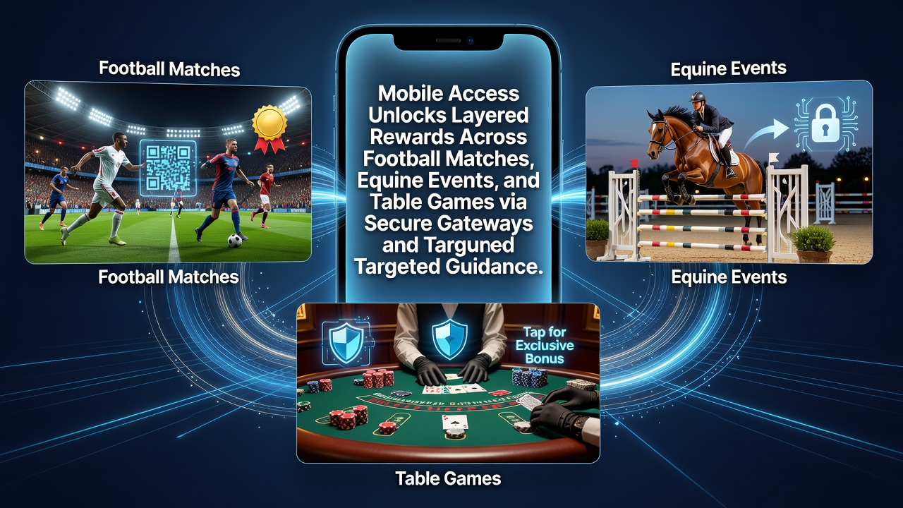 Mobile interface displaying layered rewards across football, equine events, and table games via secure access