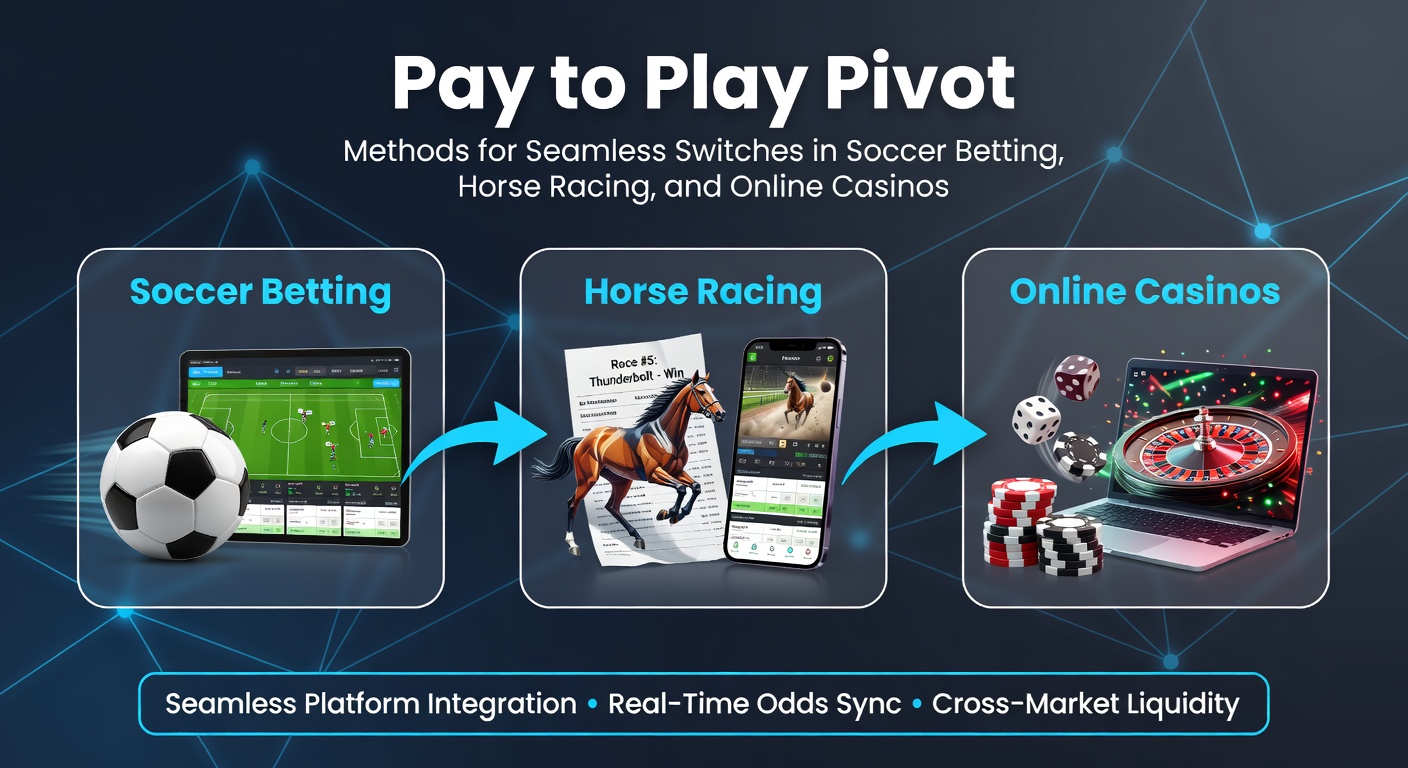 Dynamic digital interface showing soccer match highlights transitioning to horse racing footage and casino slots, with payment icons overlayed for seamless betting switches