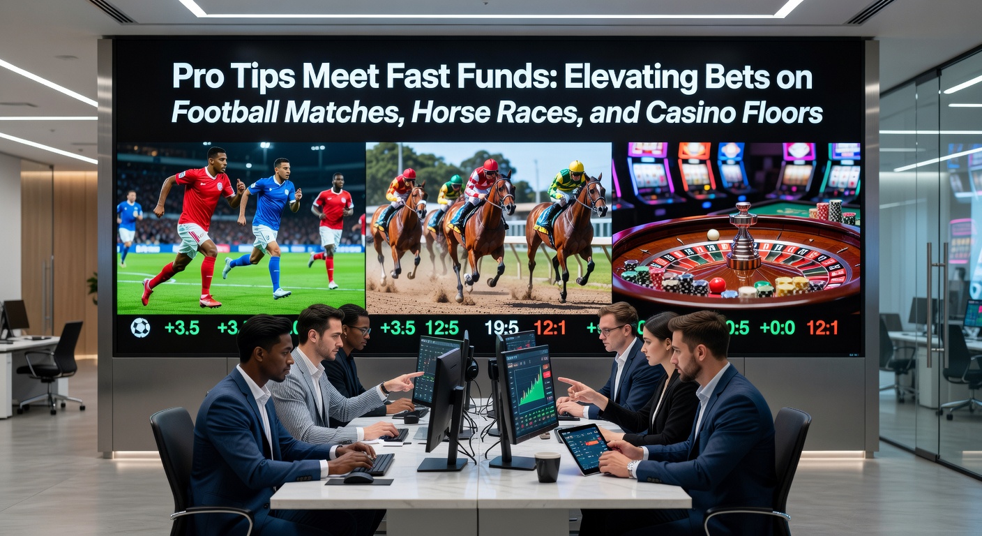 Close-up of a bettor's phone screen showing live soccer odds, a horse racing tote board, and casino chip stacks, illustrating seamless multi-market betting