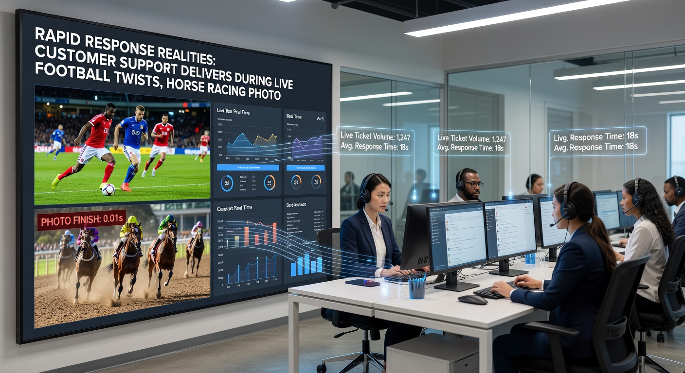 Horse racing photo finish replay on monitors as support staff fields urgent queries from bettors disputing outcomes