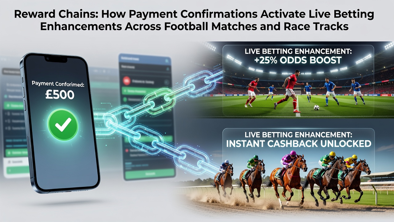 Illustration of payment confirmation activating live betting features on a mobile app during a football match and horse race