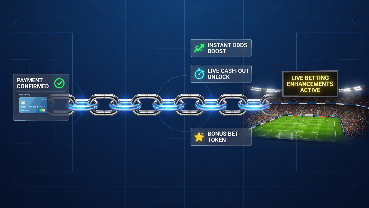 Screenshot showing reward chain activation interface with payment confirmation and live betting options for soccer and racing