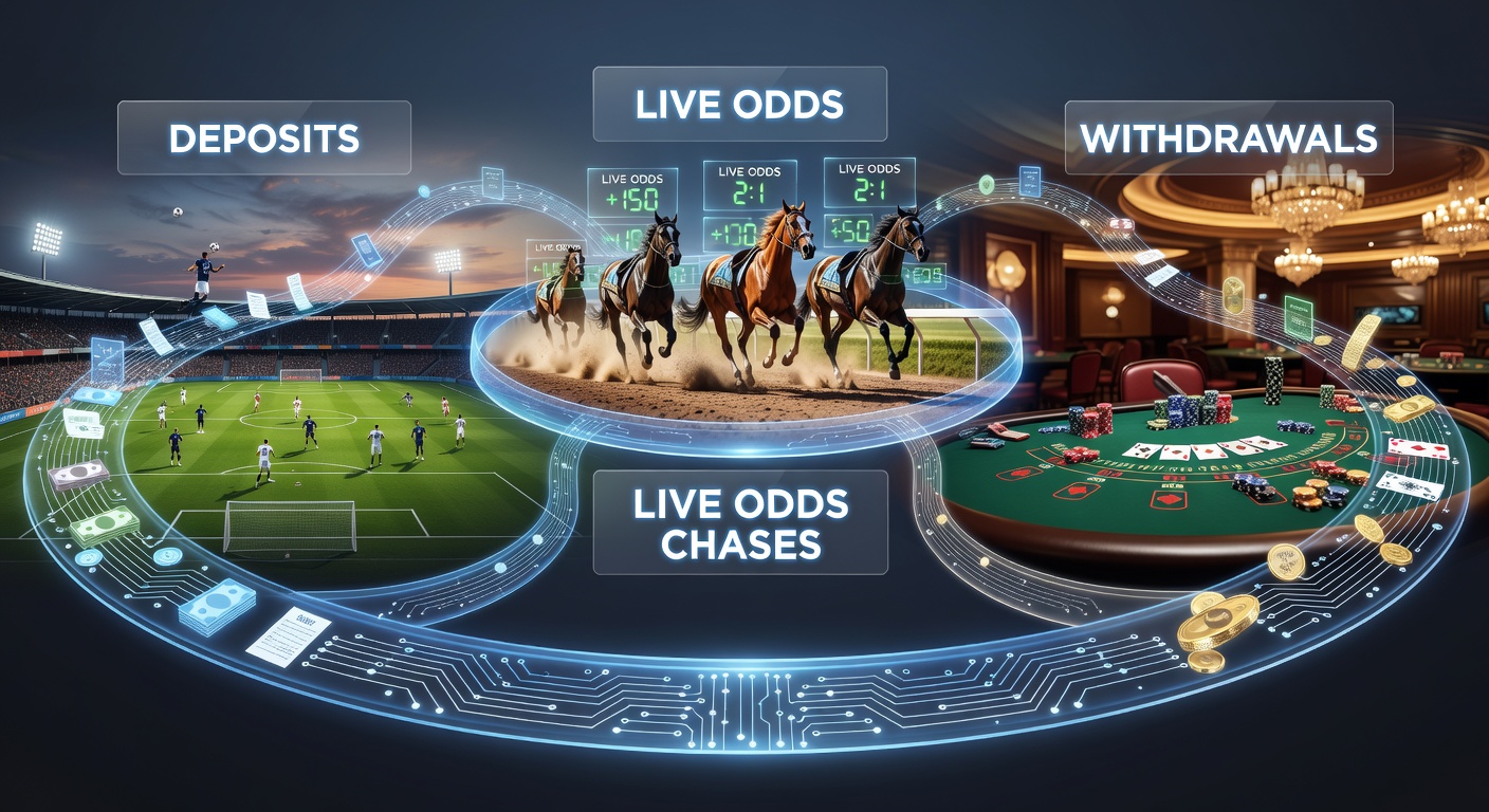 Dynamic graphic showing cash arrows linking soccer fields, racing tracks, and casino tables with deposit and withdrawal icons flowing seamlessly