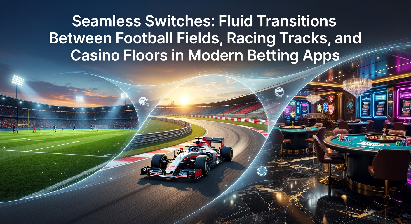 A dynamic split-screen view showing a soccer match on one side, a horse racing track on the other, and roulette wheel in the center, illustrating seamless app transitions
