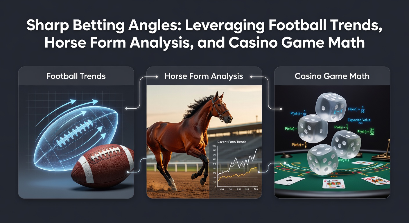 A dynamic split image showing a soccer player mid-kick on a rainy pitch, a horse charging down a track under floodlights, and a roulette wheel spinning with chips stacked nearby