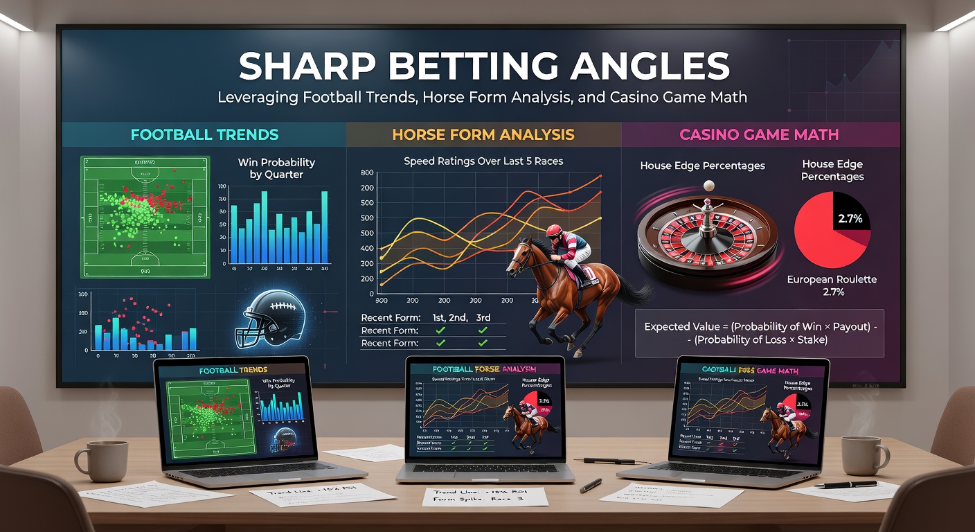 Close-up visuals of a soccer analytics dashboard with heat maps, a horse's detailed form chart highlighting pace figures, and a blackjack table with probability charts overlayed