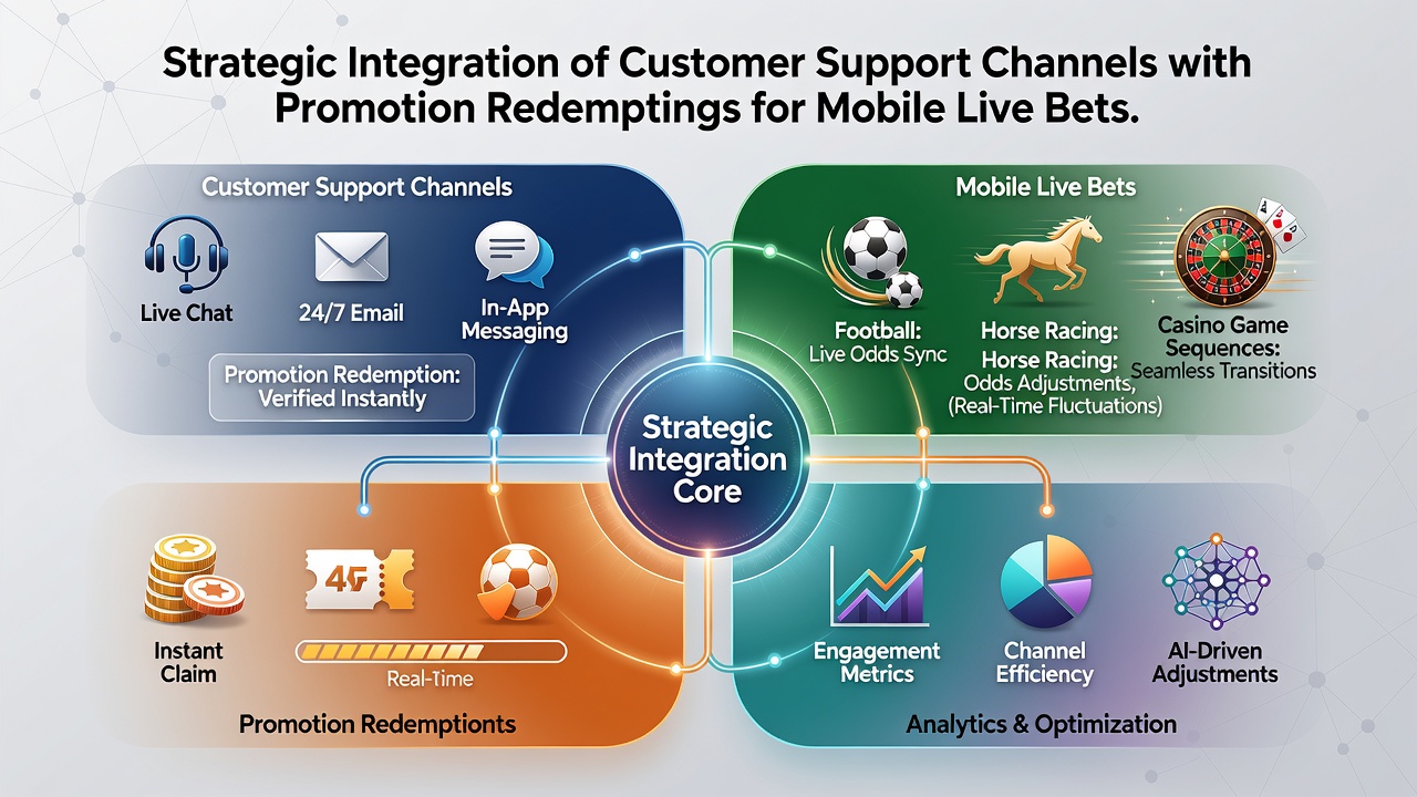 Diagram showing integration of customer support channels with promotion redemptions across mobile live betting platforms for football, horse racing, and casino games