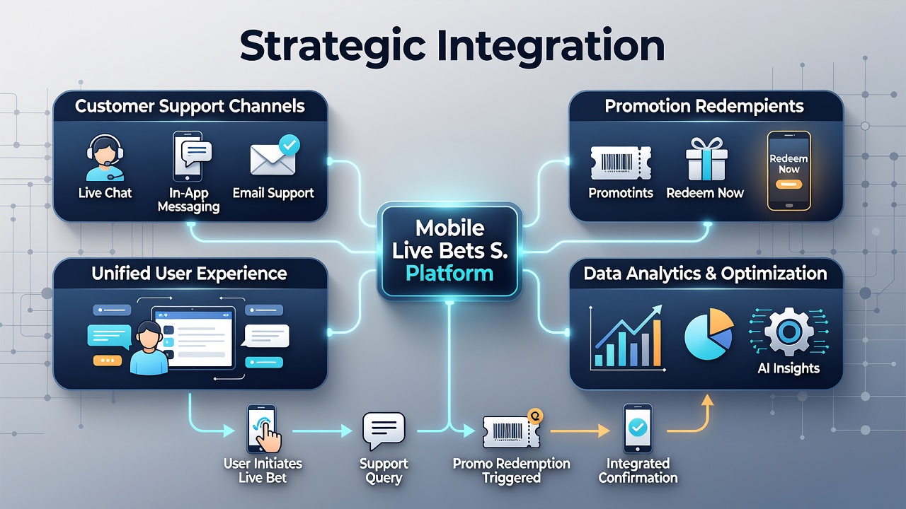 Illustration of mobile app interface linking support chat to promotion redemptions during live horse racing and casino sequences