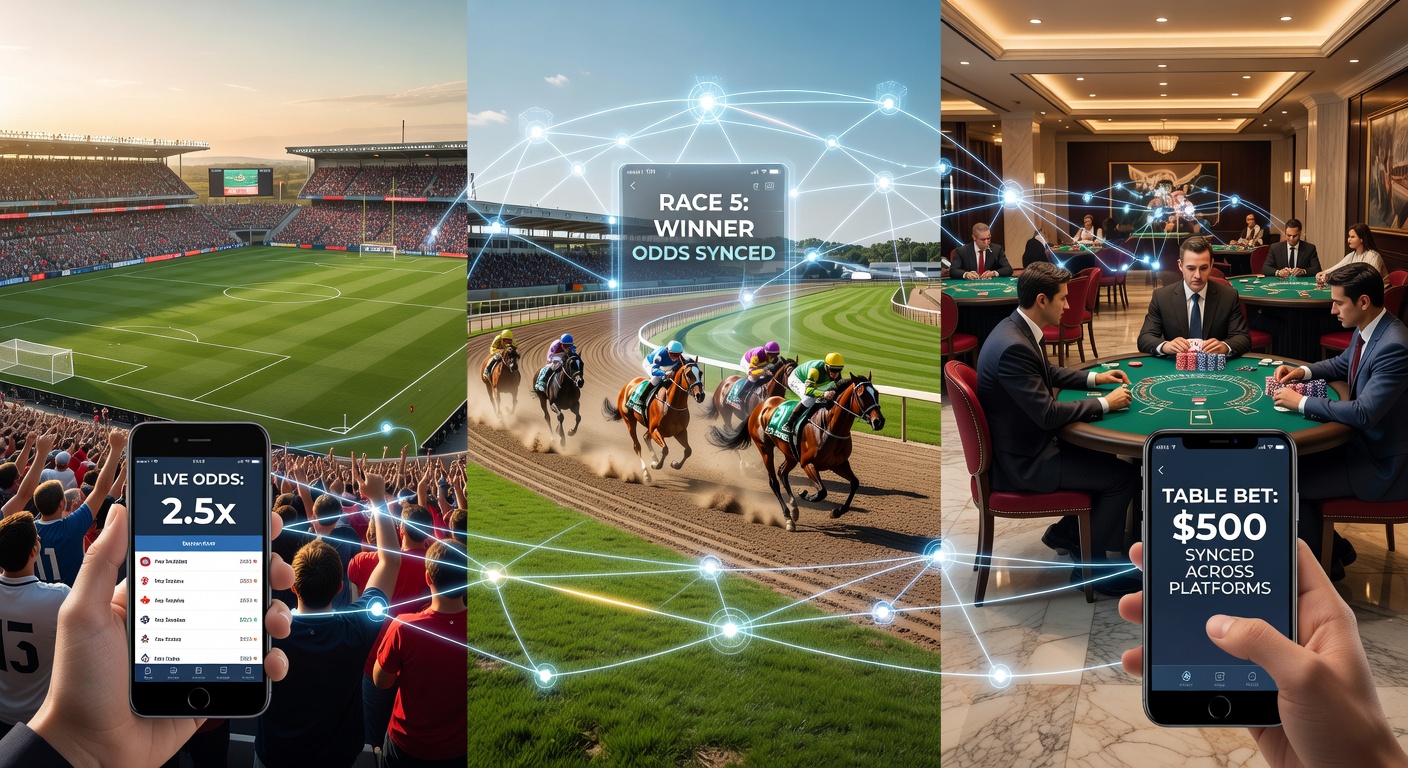 Mobile betting synchronization interface showing football, racing, and casino options